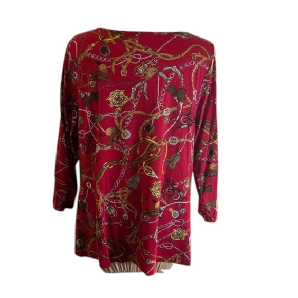 Talbots Red Equestrian Print Drape Front 3/4 Sleeve Top Size XL - Picture 3 of 7